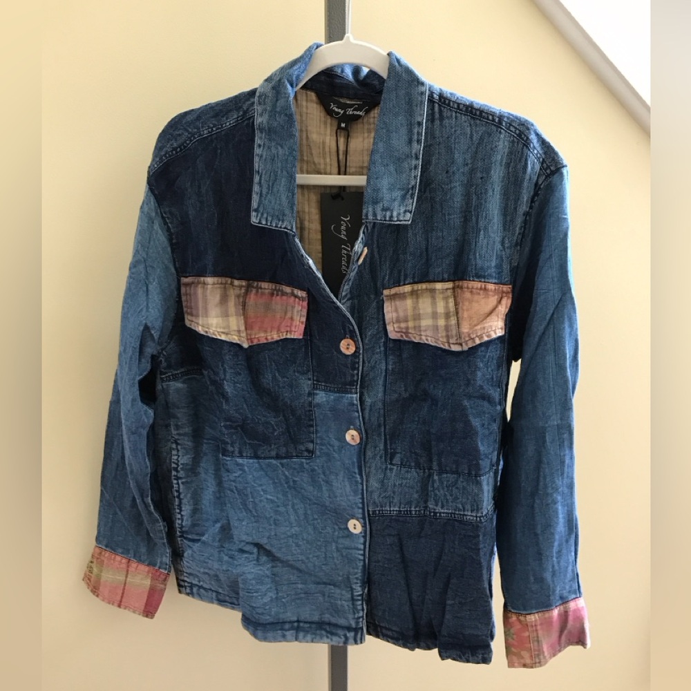 YOUNG THREADS NWT Jacket Denim Plaid Buttons Medium Large